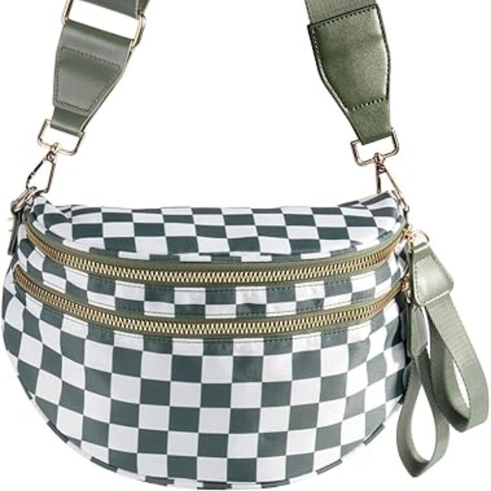 Women Bean Green Imported Polyester Checkered Crossbody Fanny Packs Belt Bum Bag